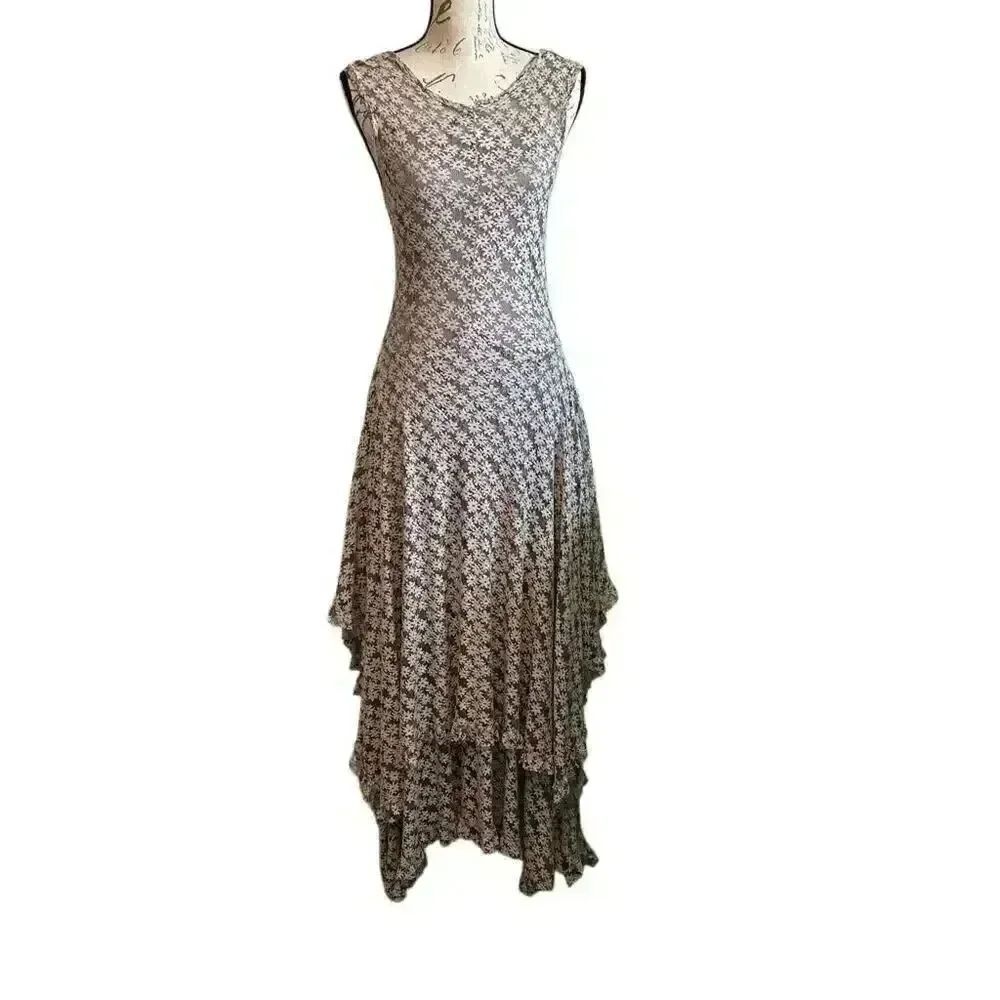 Hazel Grey Stretch Lace Ruffle Boho Maxi Dress M